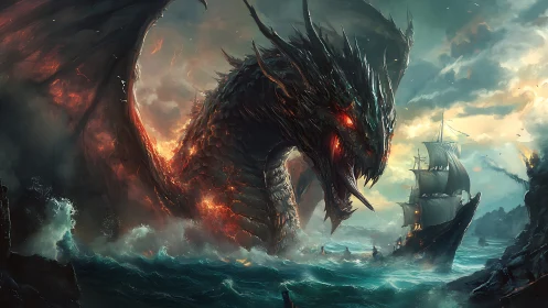 Digital painting seascape with colossal infernal dragon attack.