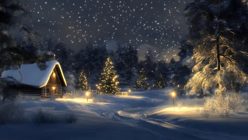 Snow-covered cabin and illuminated trees in winter forest.