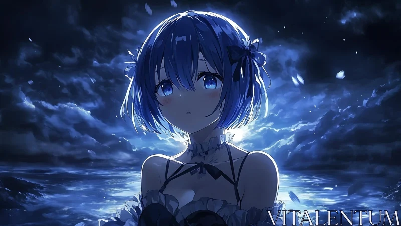 Blue haired anime girl gazes over moonlit stormy ocean