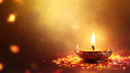 Golden diya dreaming in petals and drifting festive dust.
