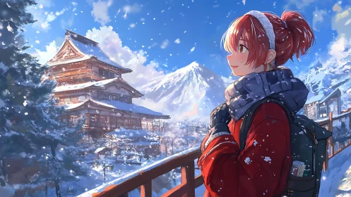 Side profile of traveler observing snowy temple landscape