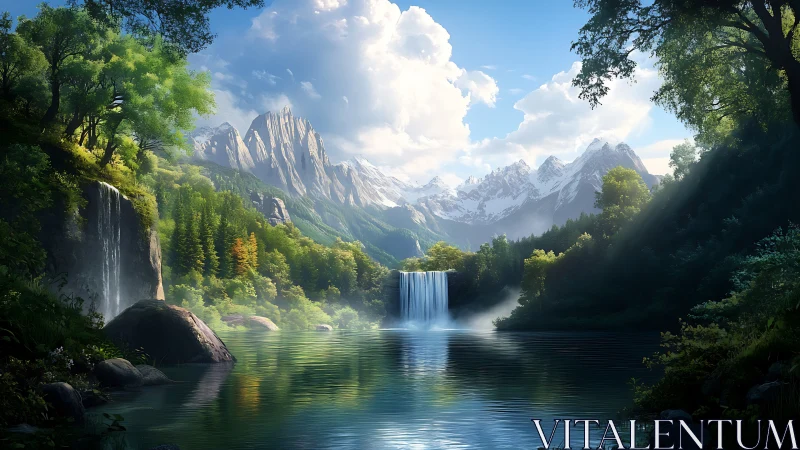 Mountain lake waterfall under volumetric light and aerial haze