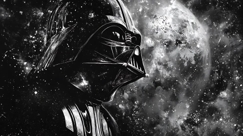 Helmeted sci‑fi figure rendered in monochrome space scene.