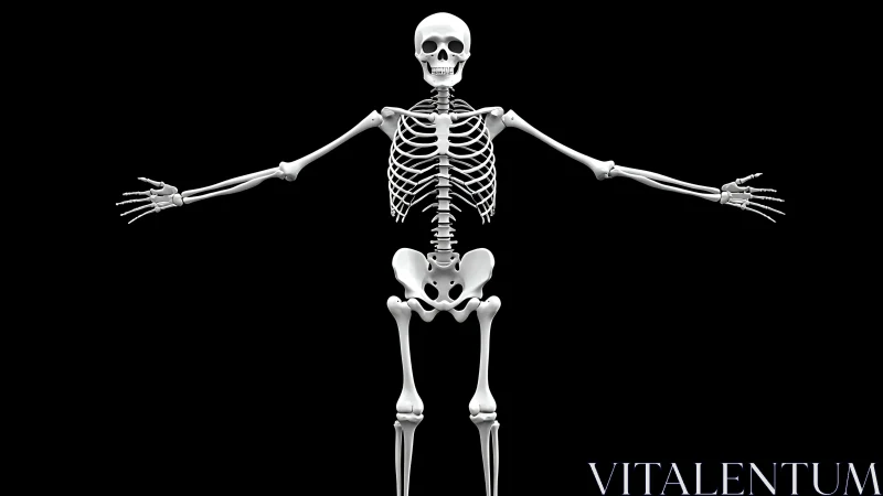 Friendly human skeleton model stretches arms against black