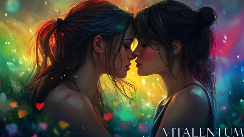 Two figures share intimate moment bathed in vibrant rainbow light.