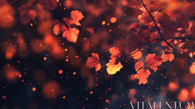 Autumn maple leaves with warm bokeh against dark background.