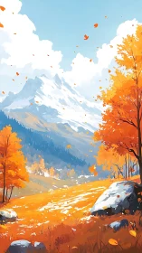 Golden autumn valley opens toward bright snowcapped peaks