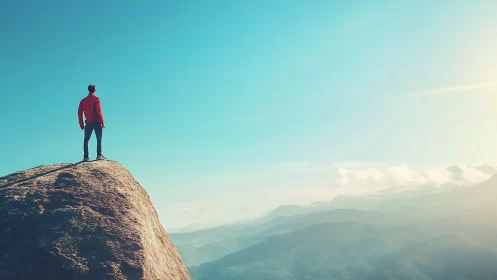 Solitary observer on granitic peak under high-altitude sky.