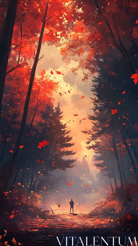 Solitary figure in autumn forest with falling leaves and warm light.
