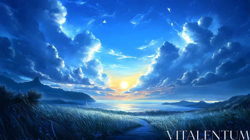 Radiant sunrise opens over tranquil ocean cliffs and fields