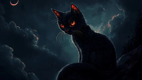 Mysterious moonlit black cat with glowing ember-bright eyes.