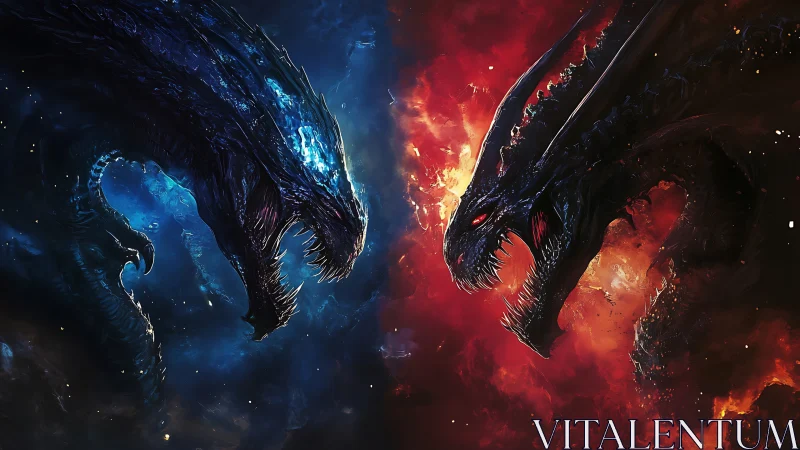 Two opposing elemental dragons in contrasting color fields.
