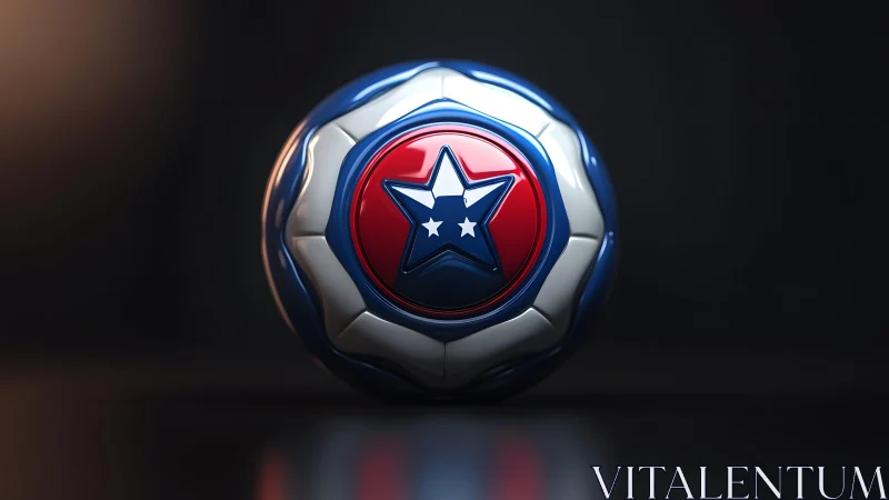 Glossy soccer ball with patriotic star emblem in dramatic lighting.