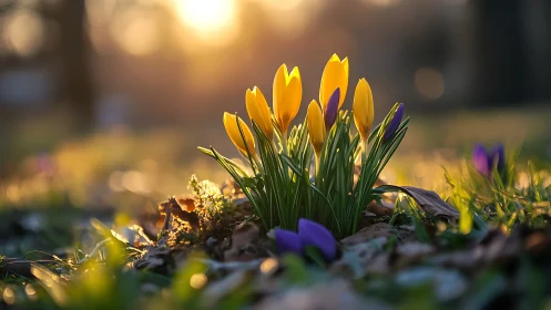 Spring Crocus Cluster Under Golden Hour Illumination.