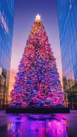 Illuminated urban Christmas tree glows amid reflective towers