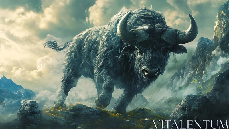 Mythic horned beast storms through misty alpine pass.