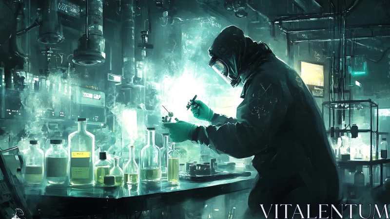 Biohazard chemist refines toxic compounds in neon lab.