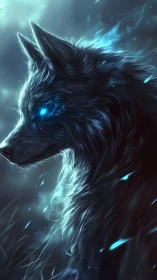 Mystical blue spirit wolf gazes softly into the night sky