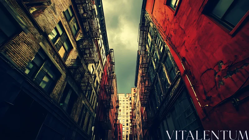 Urban alleyway framed by converging mid-rise buildings