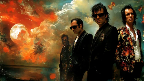 Surrealist band portrait against cosmic stormscape backdrop.