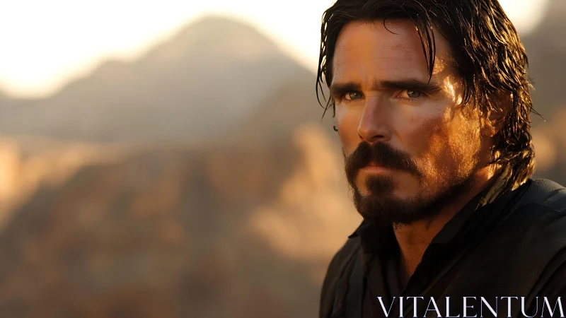 Sunlit bearded man in rugged desert portrait, high contrast lighting