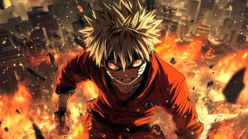 Spiky haired anime fighter charges forward through explosions