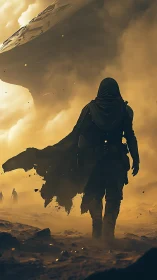 Cloaked wanderer crossing desert beneath vast starship.