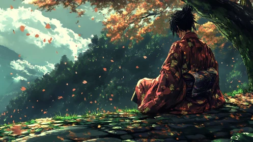 Autumn hillside kimono figure under maple tree, back view
