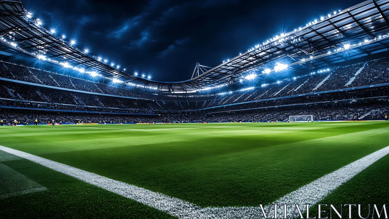 Floodlit football stadium with full stands and bright pitch.
