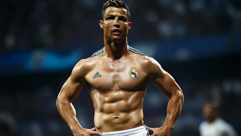 Shirtless football player stands on pitch under stadium lights