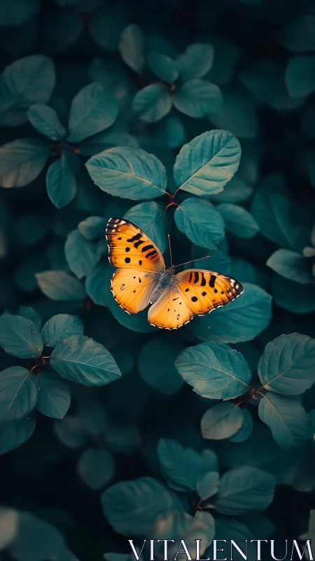 Orange butterfly resting on dark teal green foliage leaves.