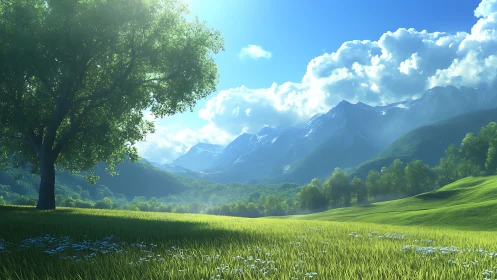 Luminous alpine meadow with solitary tree and distant peaks.