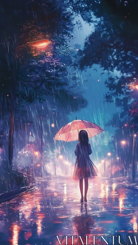Umbrella dreams glow in neon rain along a quiet city lane.