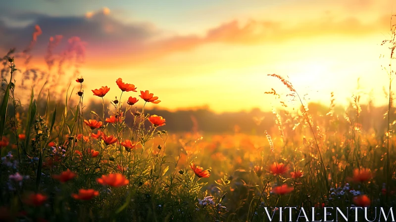 Sunlit wildflower field exhibits strong backlighting at dawn