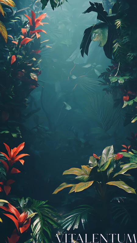 Lush jungle corridor sinks into misty teal twilight calm