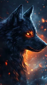 Luminous ember-eyed wolf gazes through swirling night embers