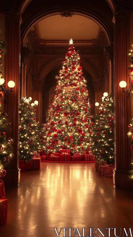 Grand Christmas tree glows in an opulent hallway setting.