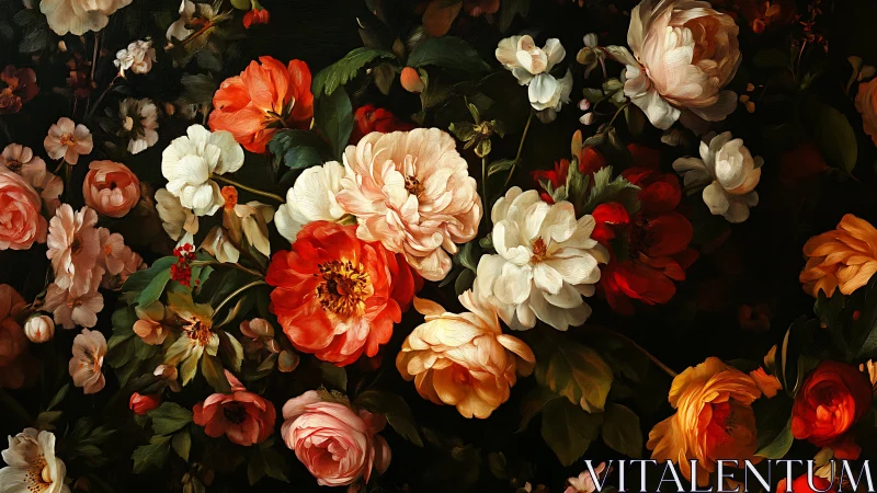 Baroque Floral Composition: Layered Garden Roses Against Dark Background.