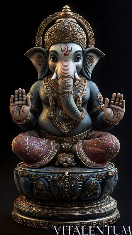 Ganesha idol shows ornate gold detailing and rich color.