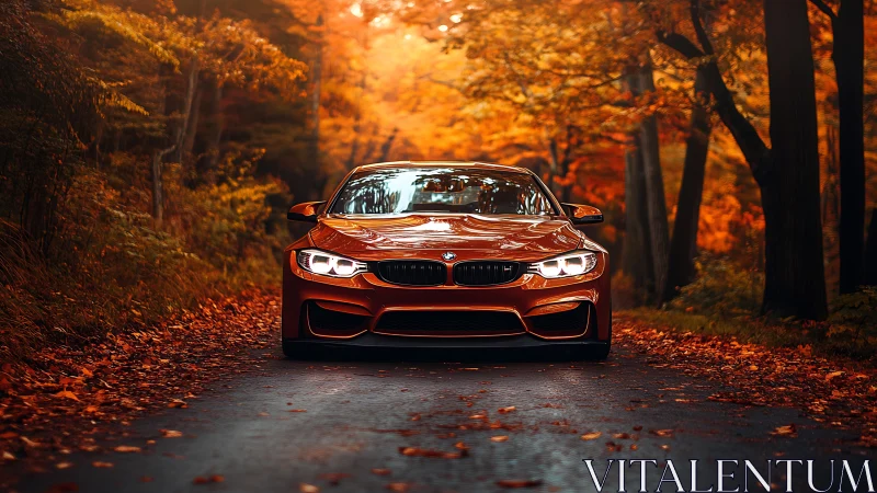 Orange sports coupe is parked on a narrow forest road