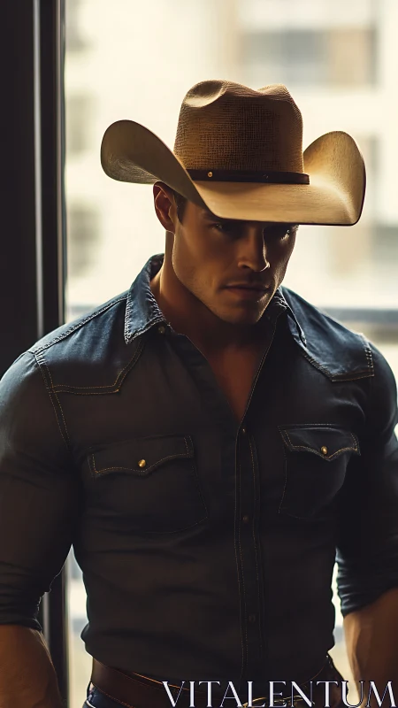 Cowboy portrait in moody window light, denim shirt detail.
