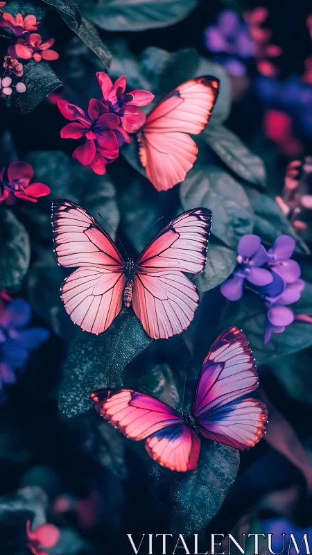 Macro digital painting of neon butterflies on lush foliage.