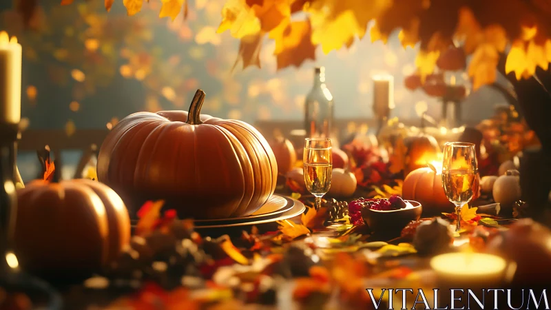 Golden autumn feast table crowned by a harvest pumpkin.