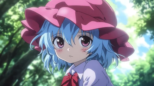 Anime girl with pink hat under soft forest daylight.