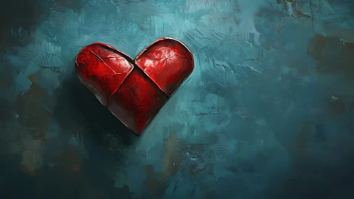 Fractured Red Heart Against Teal Textured Wall