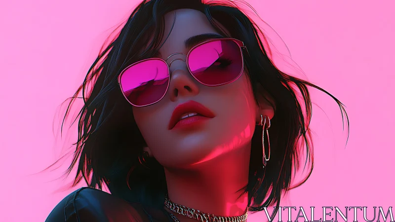Neon-lit woman portrait with pink sunglasses and attitude.