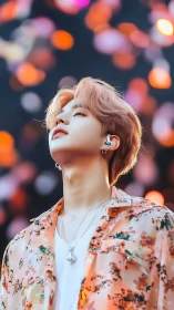 Young performer in floral shirt under blurred stage lights.
