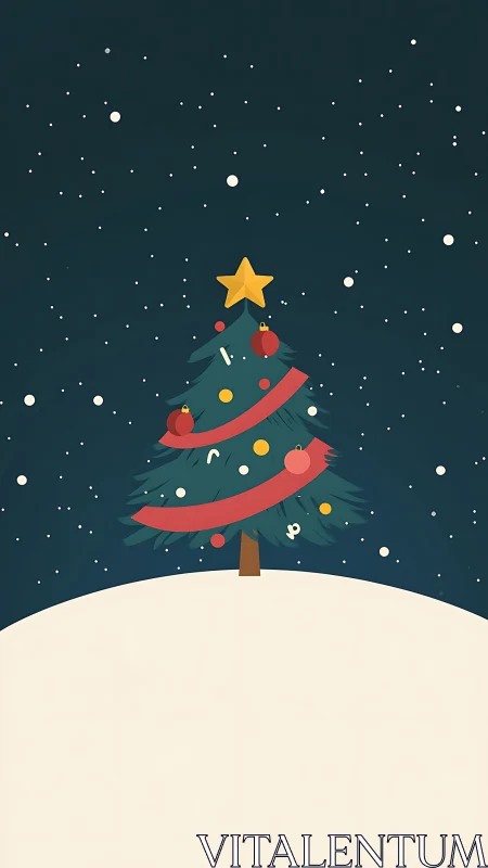 Minimalist Christmas tree on snowy hill at night.