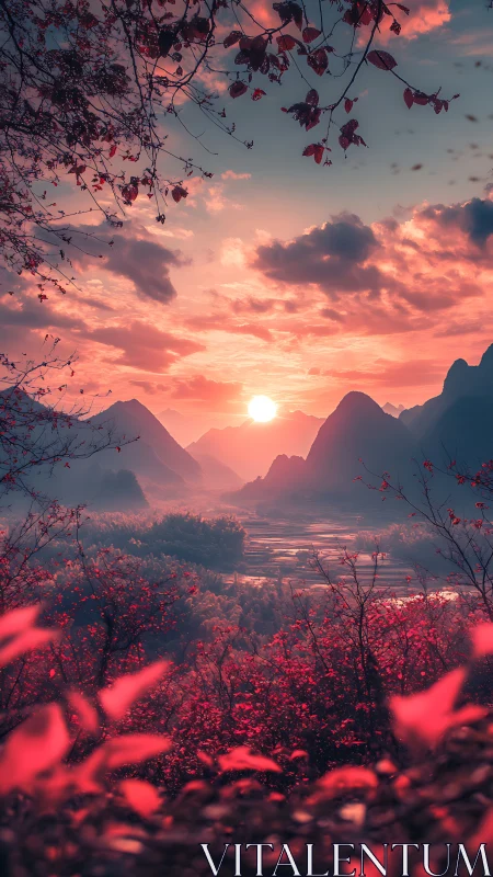 Sunset-graded valley landscape with layered depth of field and haze