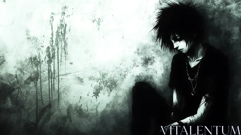 Solitary emo boy in inky grayscale silence of regret.